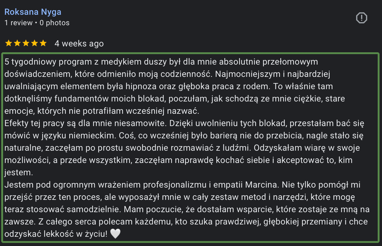 — Roksana Nyga ★★★★★ · opinia z Google „Przestałam bać się mówić w języku niemieckim. Coś, co wcześniej było barierą nie do przebicia, nagle stało się naturalne. Odzyskałam wiarę w swoje możliwości."