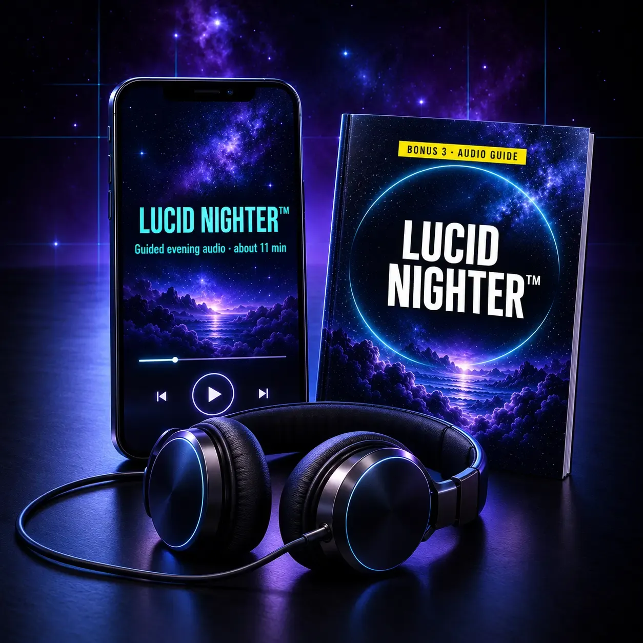 Lucid Nighter guided evening audio, about 11 minutes, for falling asleep with your intention set