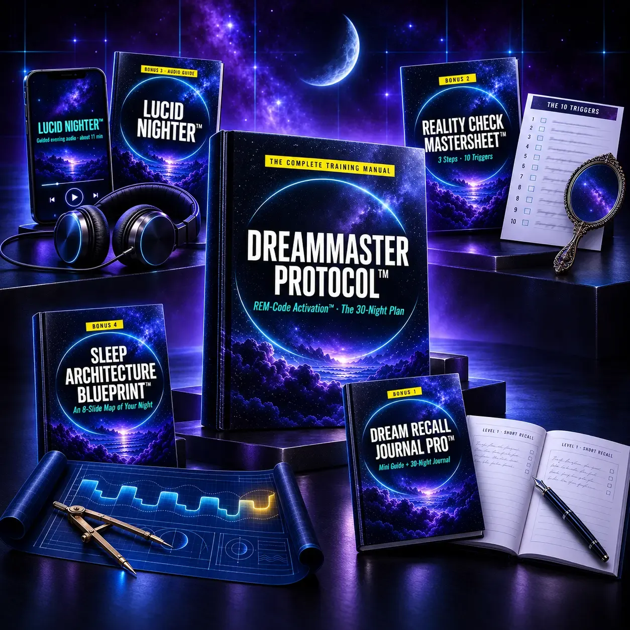 DreamMaster Protocol lucid dream training bundle: the 30-night manual with Dream Recall Journal Pro, Reality Check MasterSheet, Lucid Nighter audio and Sleep Architecture Blueprint