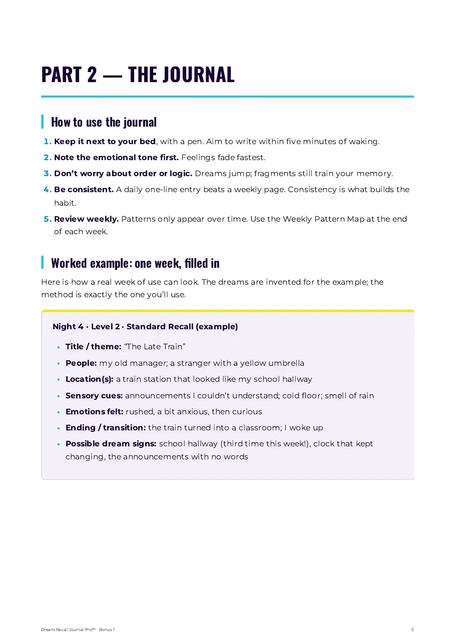 Journal page: a filled-in example entry