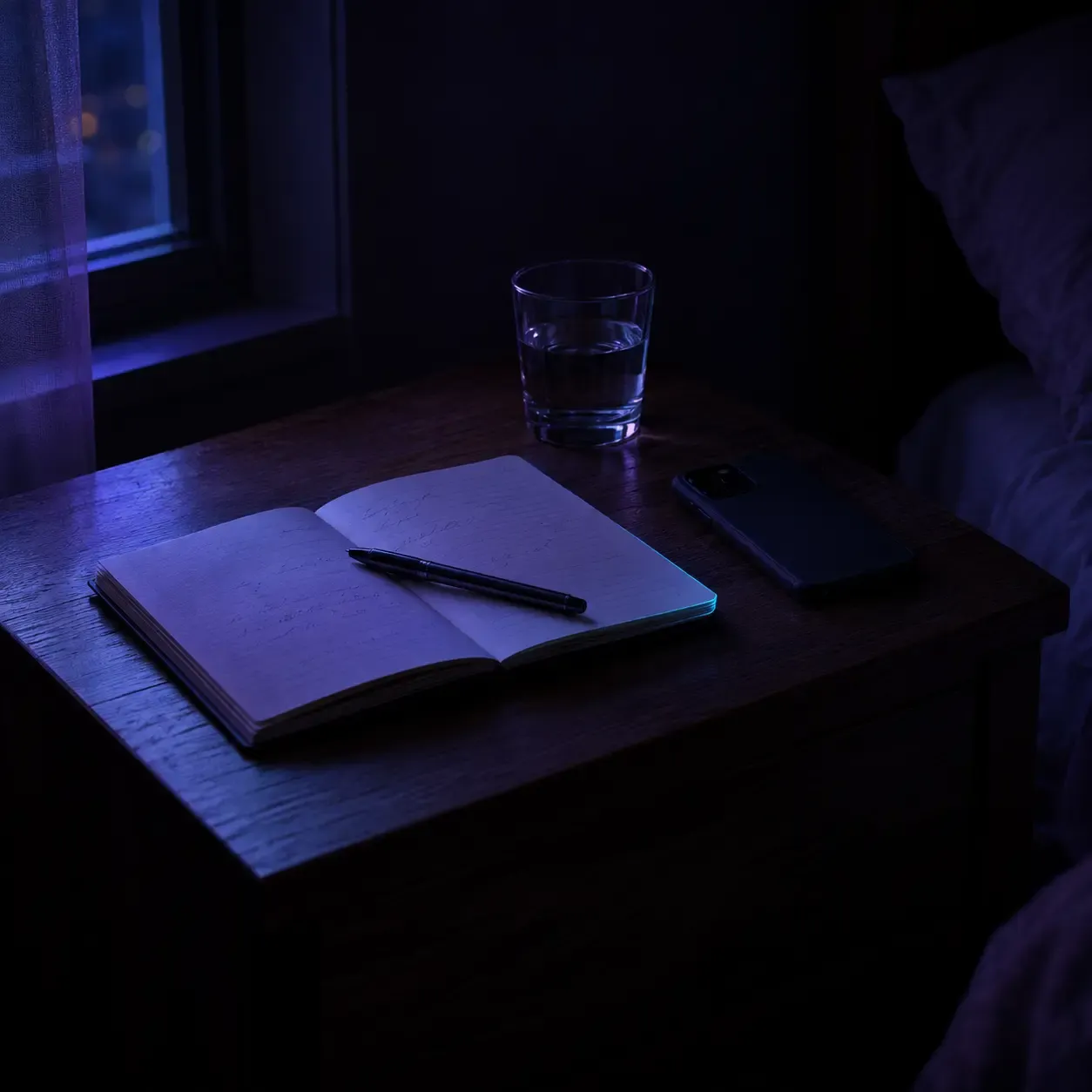 Dream journal and pen on a bedside table at night, ready to write down a dream on waking