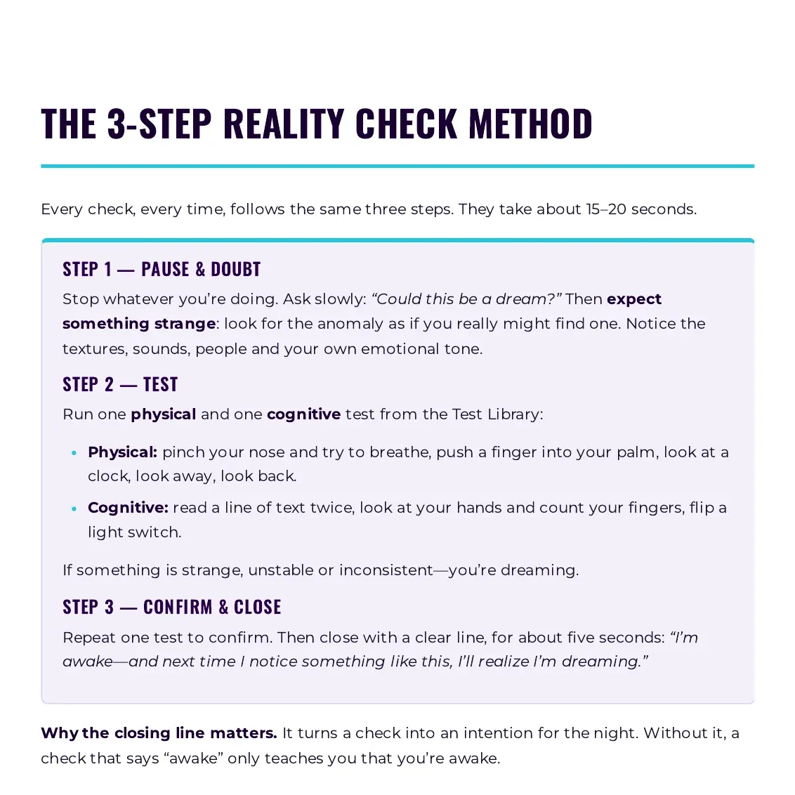 Real page from Reality Check MasterSheet: the 3-step reality check method