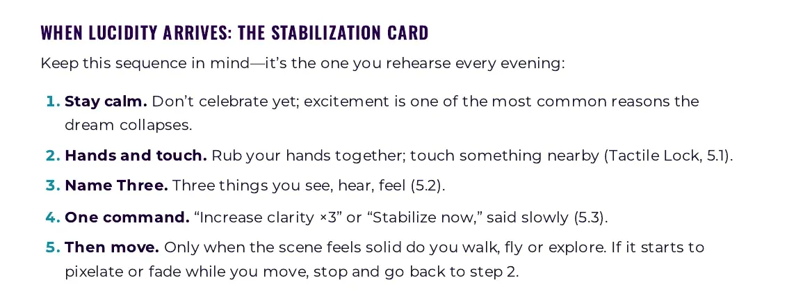 Real page from the DreamMaster Protocol manual: the stabilization card for the moment lucidity arrives