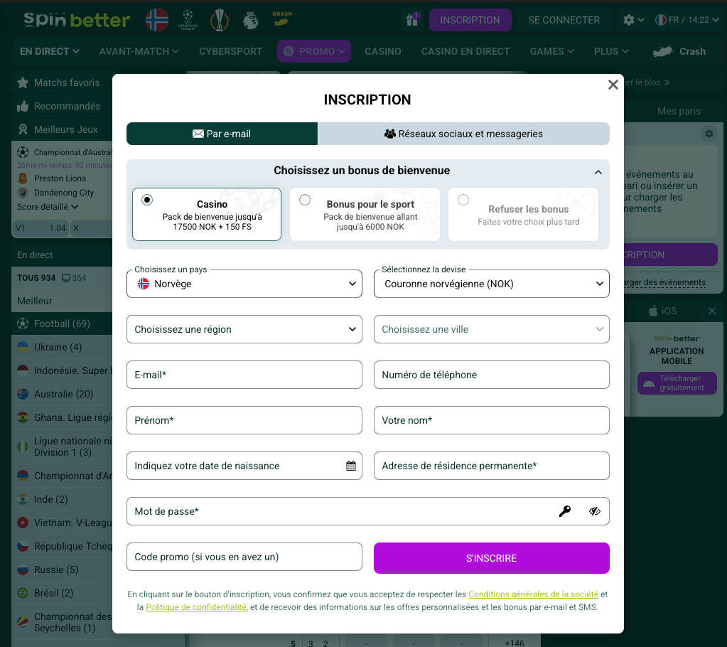 Page d'inscription Spinbetter — champ code promo