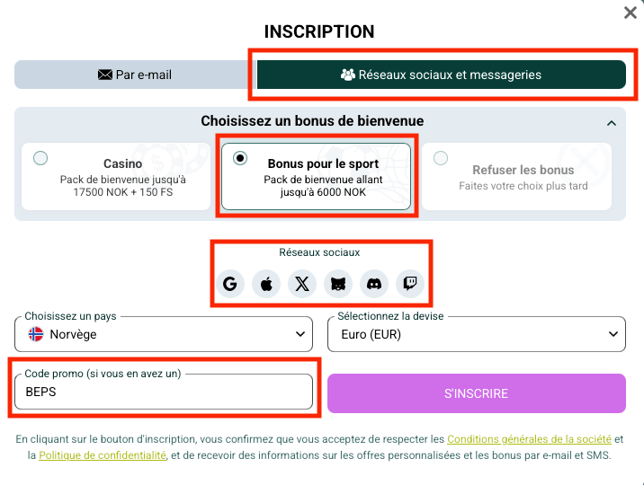 Emplacement exact du code promo BEPS sur Spinbetter
