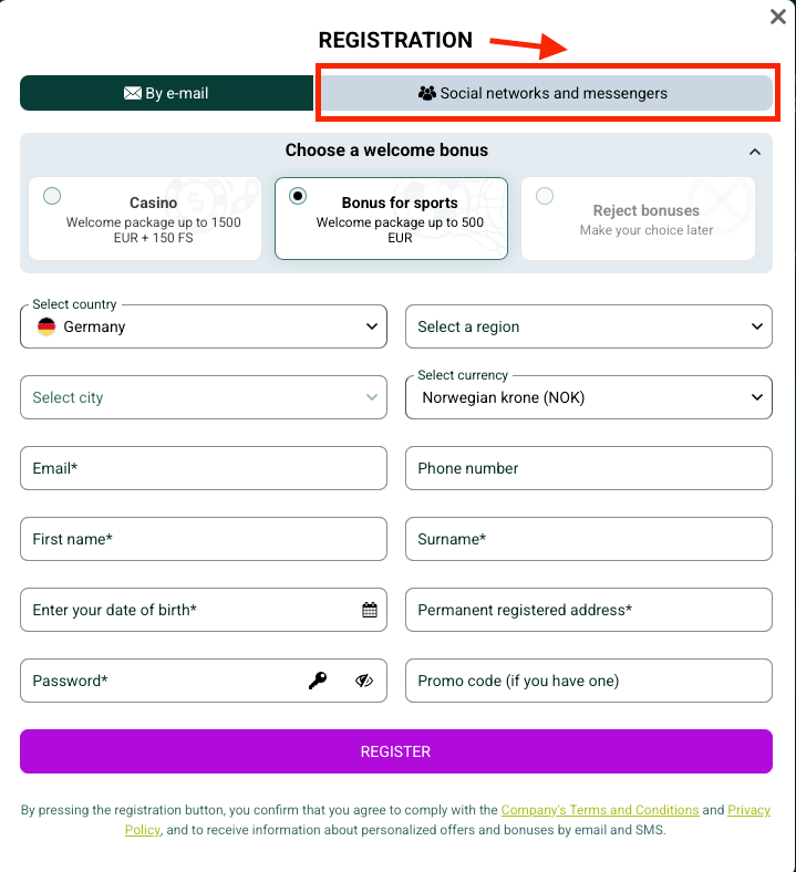 Spinbetter registration page showing where to enter the BEPS promo code