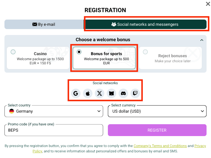 BEPS promo code entered on the Spinbetter registration page