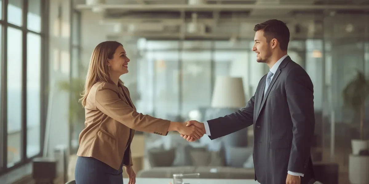 professional HR consultant shaking hands with a small business owner in a bright modern office, warm and trustworthy