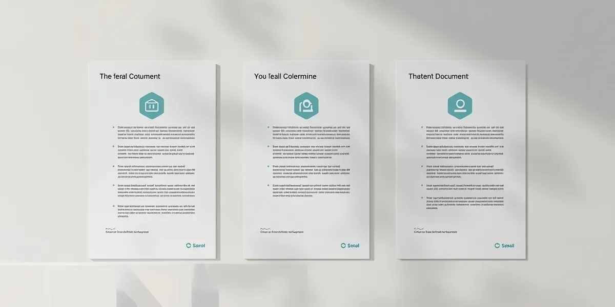 professional three-tier service presentation with business documents, clean corporate style