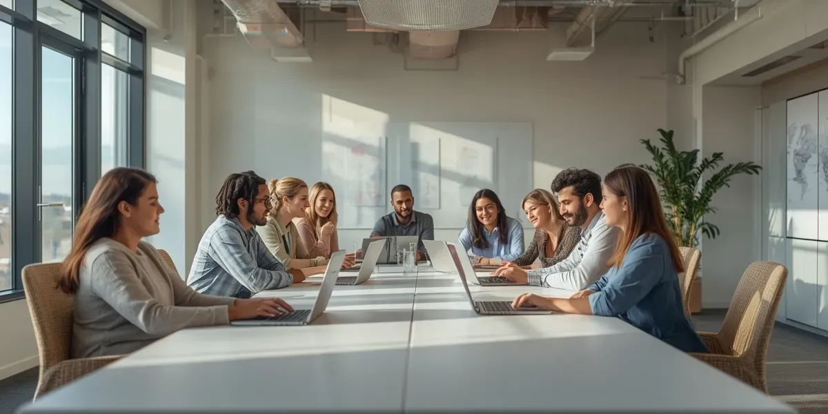 diverse team of professionals collaborating in a Montgomery Alabama office, authentic and warm