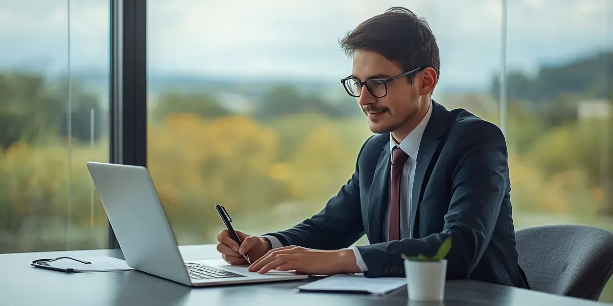 professional writing a resume at a desk with a laptop, focused and optimistic