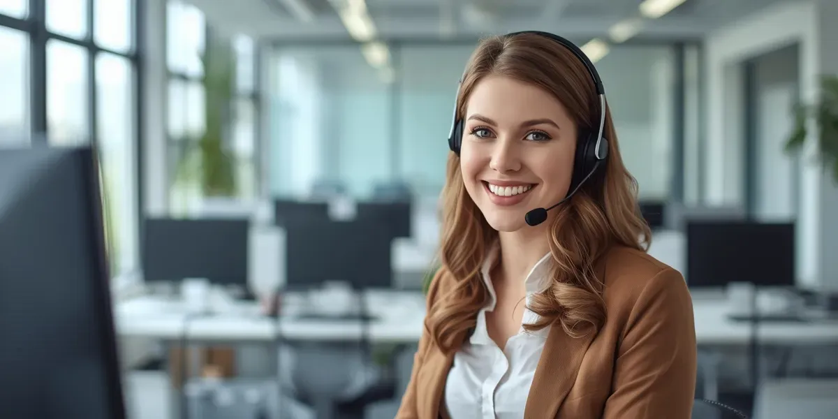 friendly customer service professional with headset in a bright office, welcoming