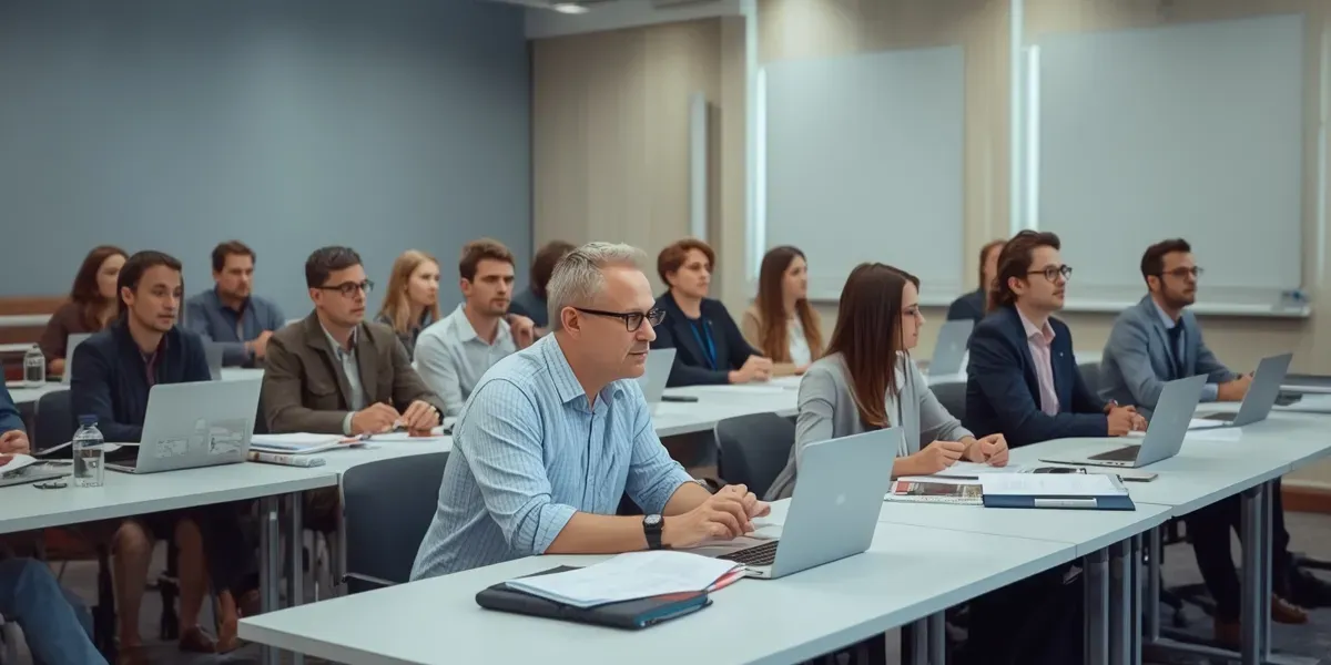 diverse adult professionals in a corporate training classroom, engaged in learning
