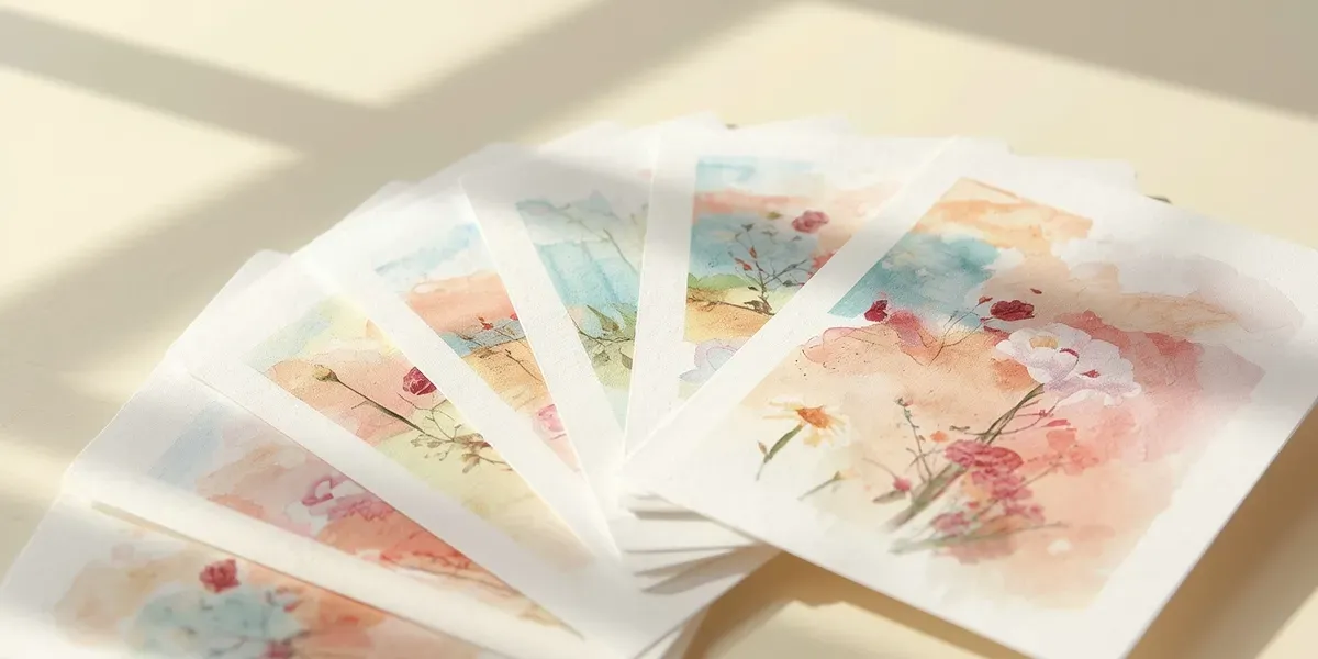 elegant fan of watercolor greeting cards in soft pastel tones on a cream table, warm light