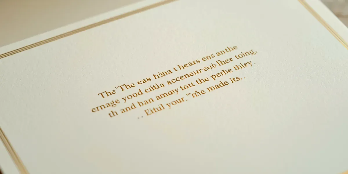 close-up of an elegant greeting card inside with classic serif message text and gold border on cream paper