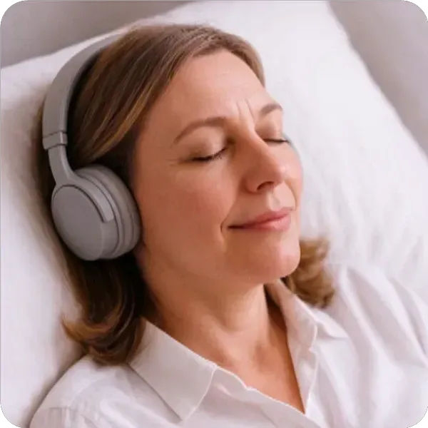 Vrouw in de overgang ontspant met hypnose en meditatie voor rust en balans