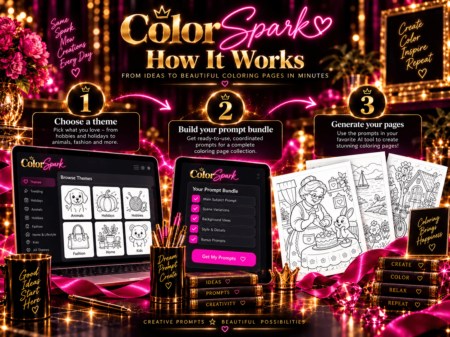 Choose a theme, build your prompts, then generate pages in a separate image tool