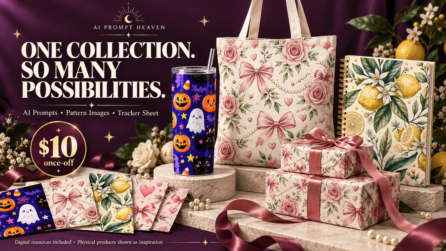 Seamless Patterns collection showcased on a tumbler, tote, notebook and gift wrap