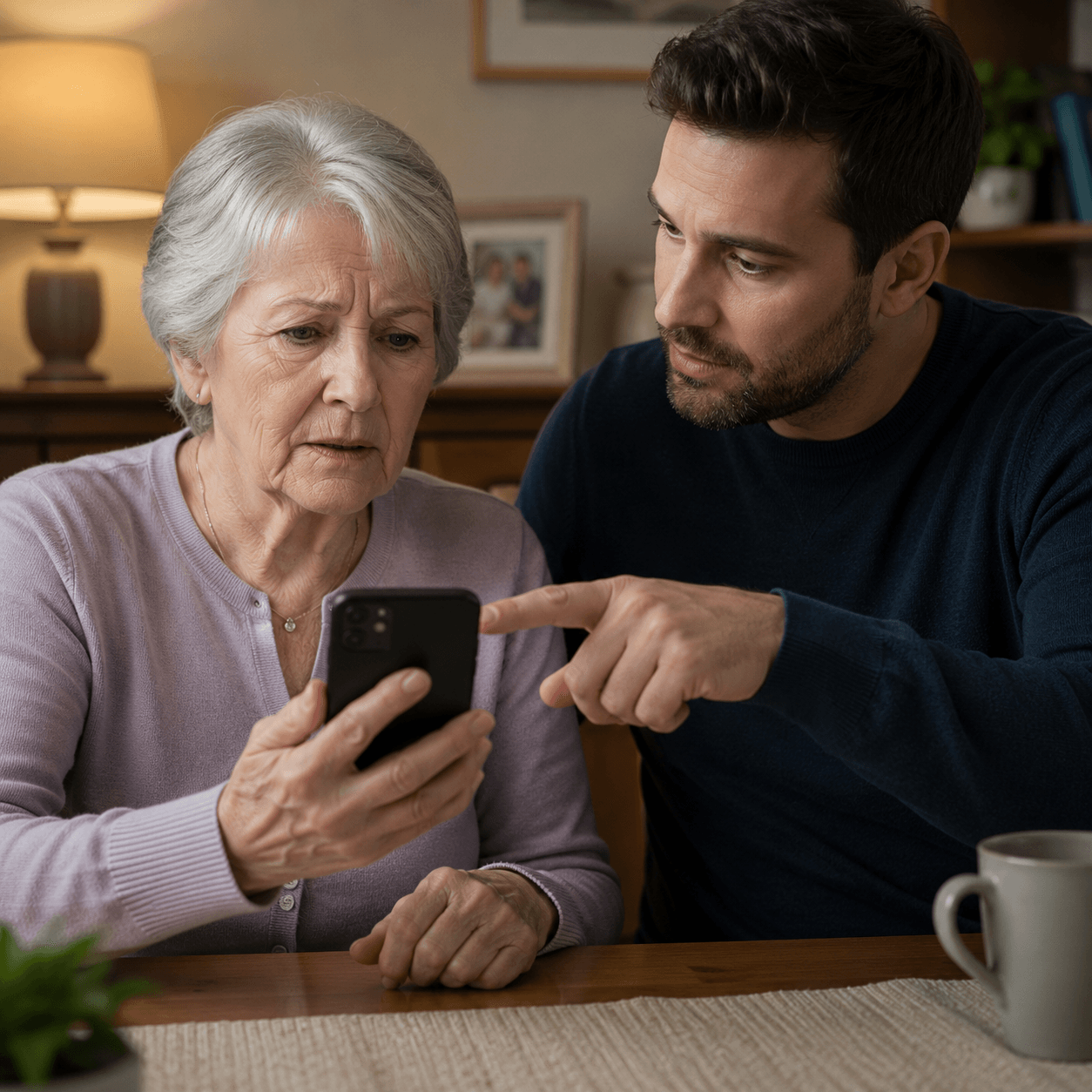 Older mother checking a suspicious phone call with her adult son
