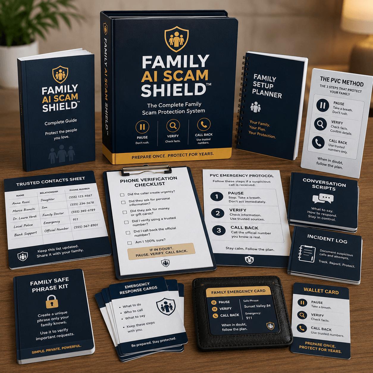 Complete Family AI Scam Shield guide, checklists, cards, planner and wallet card bundle