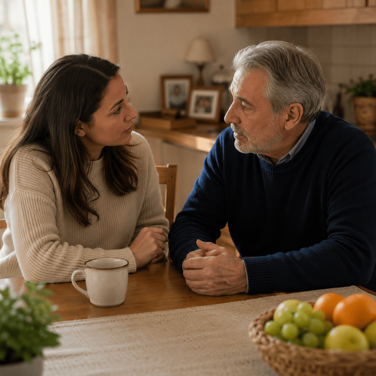 Adult daughter having a calm family conversation with her older father