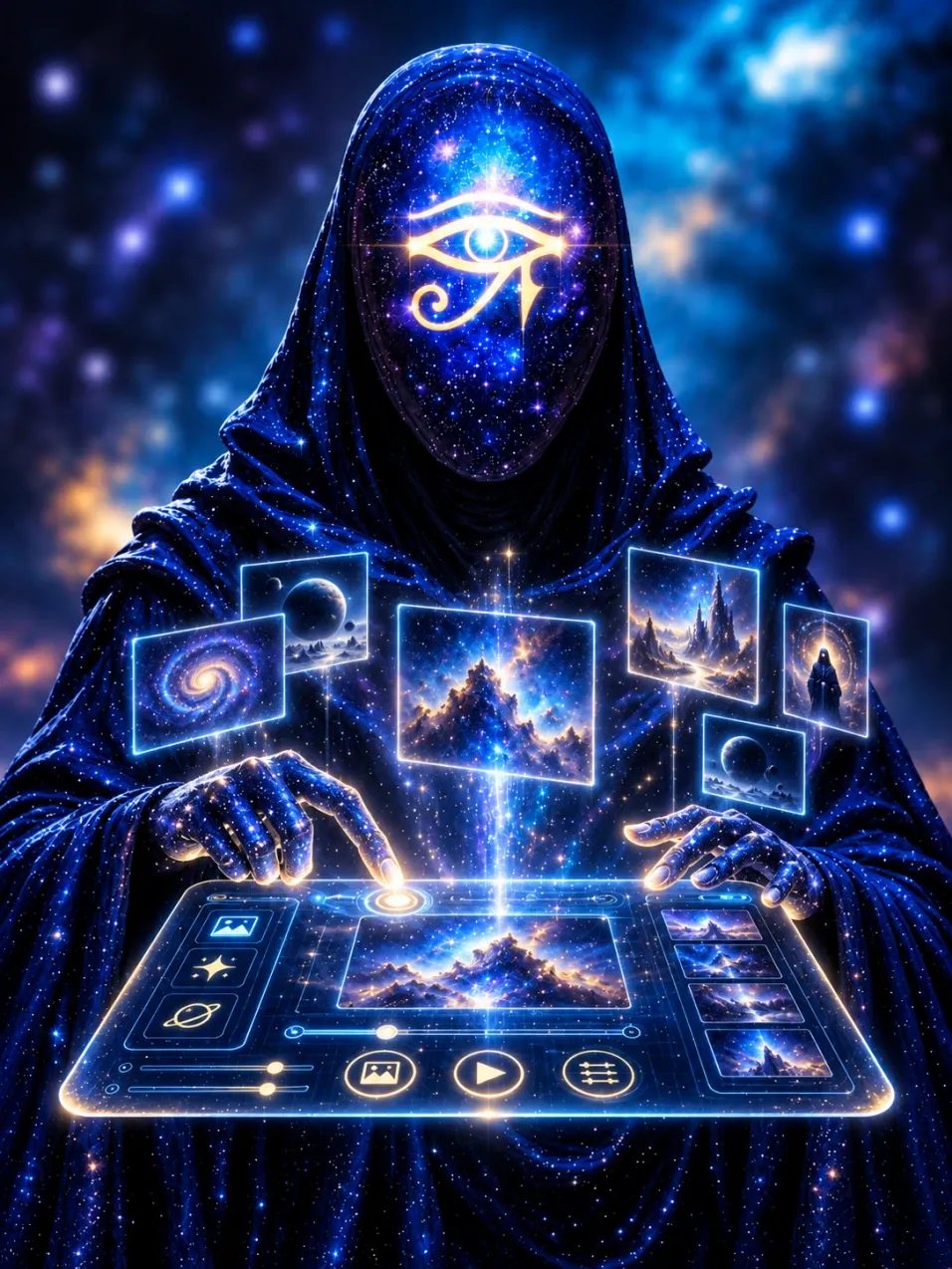 Figura cósmica creando un universo visual de imágenes y carruseles