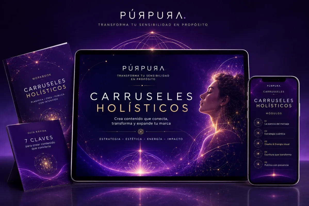 Mockup oficial de Carruseles Holísticos con computador, teléfono y workbook