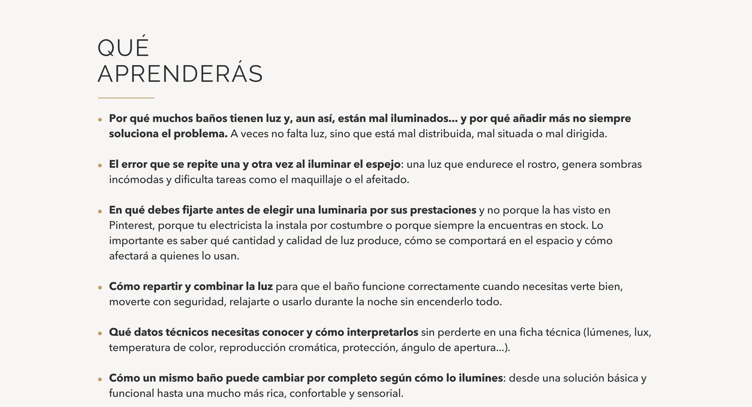 Contenidos de la masterclass: iluminación del espejo, distribución de la luz, selección de luminarias y parámetros técnicos esenciales.