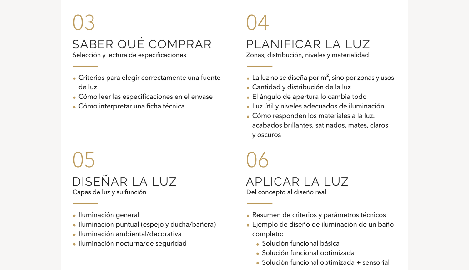 Programa: selección de luminarias, planificación de la luz, materialidad y combinación de las diferentes capas de iluminación.