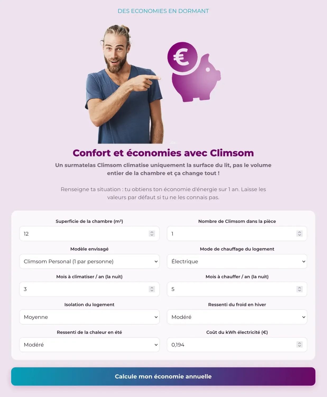 simulateur d'économies d'électricité CLIMSOM pour calculer ses économies d'énergie annuelles avec un surmatelas thermorégulé