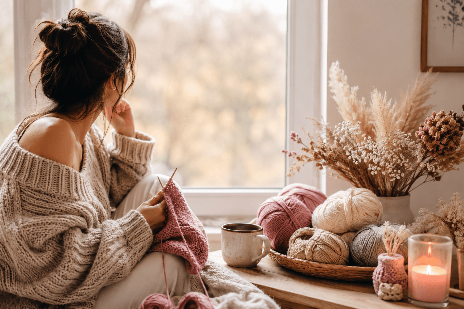 Femme tricotant dans une ambiance cocooning