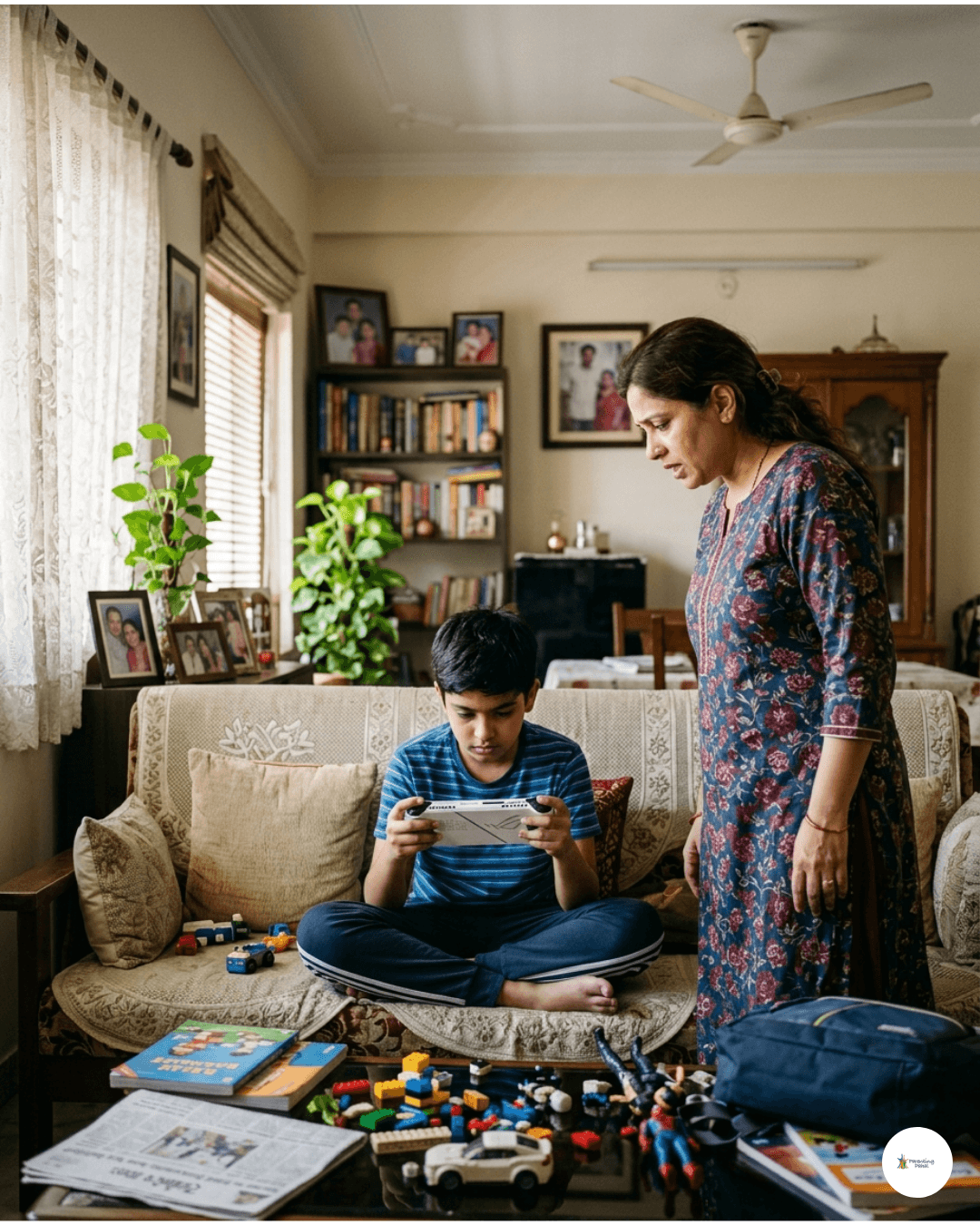 Child ignoring mother while gaming