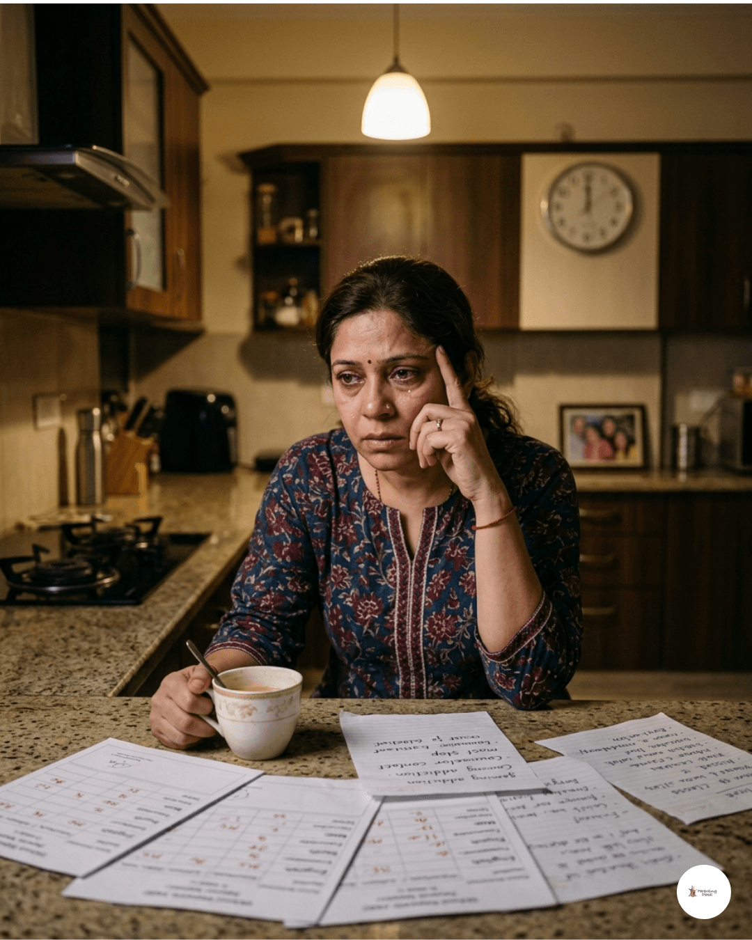 Mother worried at kitchen table
