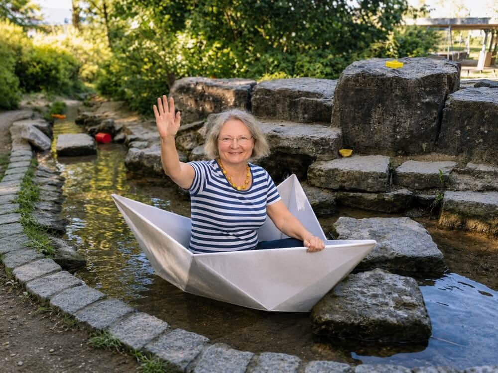 Sigute sitzt in einem großen Papierboot auf einem Wasserspielplatz