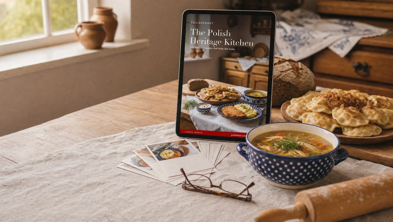 The Polish Heritage Kitchen on a tablet on a kitchen table, with rosol, pierogi and printed recipe cards