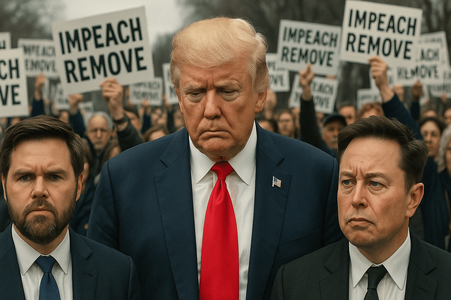 Donald Trump stands flanked by J. D. Vance and Elon Musk, surrounded by protesters holding “Impeach Remove” signs—symbolizing political dissent, impeachment efforts, and controversy involving prominent public figures.