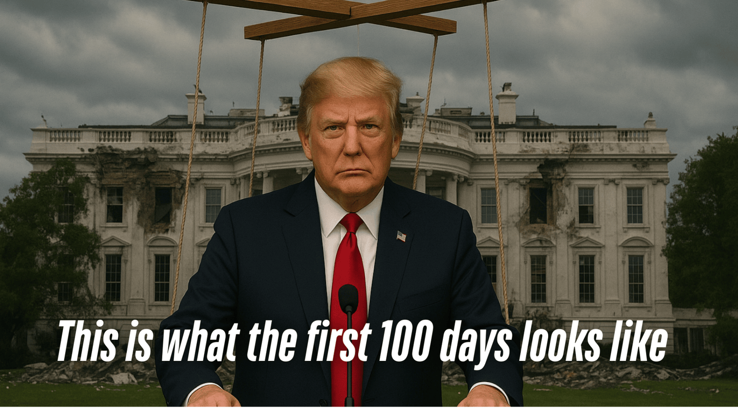 Image of Donald Trump in front of a damaged White House with puppet strings attached, captioned “This is what the first 100 days looks like,” symbolizing political chaos, authoritarian control, and criticism of Trump’s presidency.