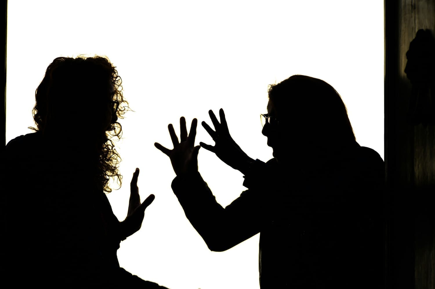 Silhouettes of two people engaged in a heated argument, with raised hands and expressive gestures, symbolizing conflict, debate, and the emotional dynamics of argumentation.