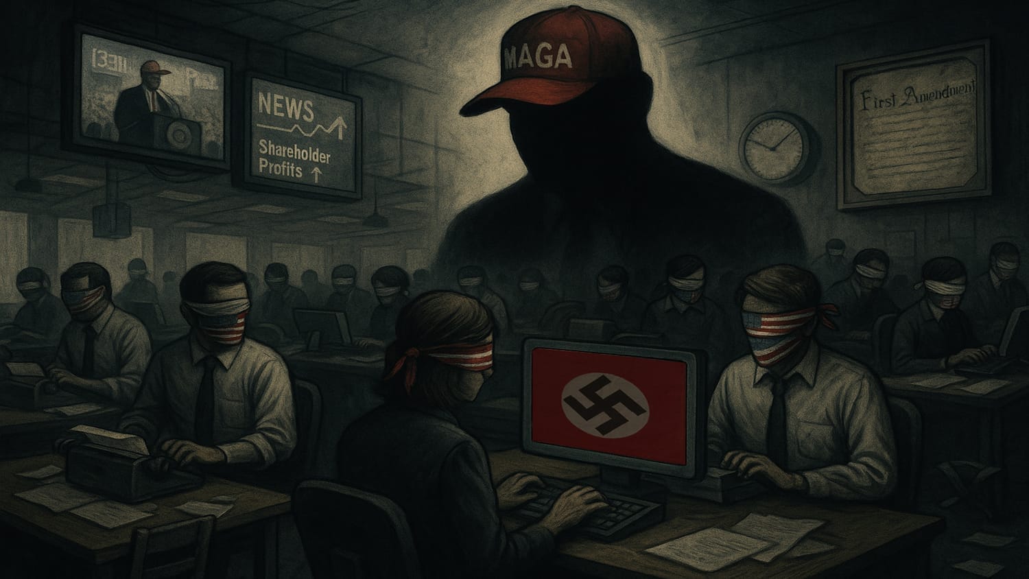 Blindfolded journalists in a dark newsroom type under surveillance from a looming MAGA figure, as Nazi symbols appear on screens—depicting authoritarian media control, censorship, and the erosion of press freedom in modern America.
