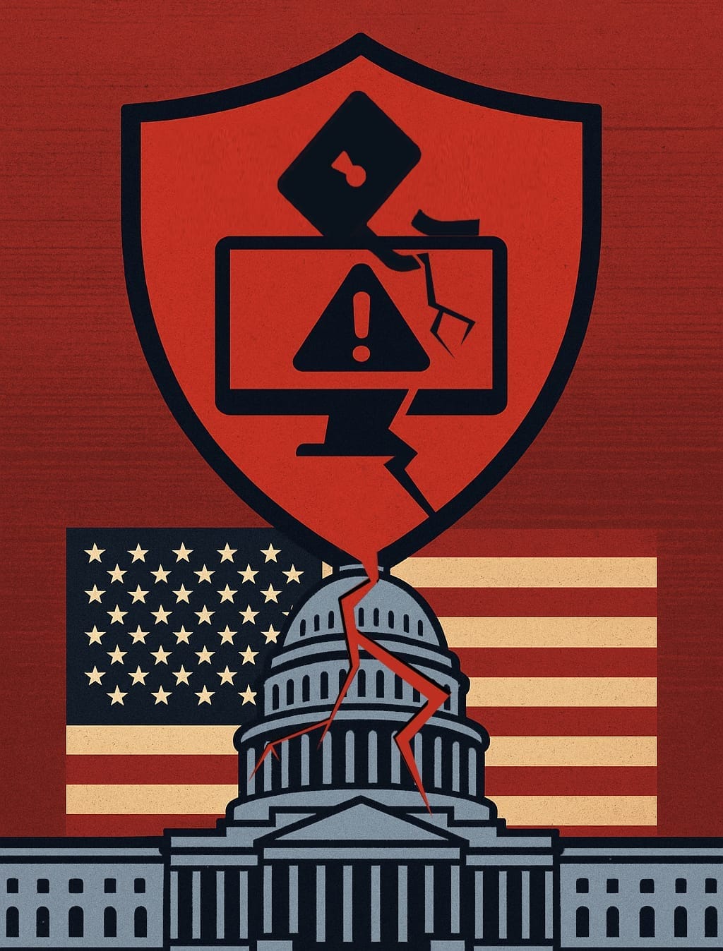 Cracked U.S. Capitol under broken cybersecurity shield with warning icons, symbolizing cyberattack threats to American democracy and election infrastructure.