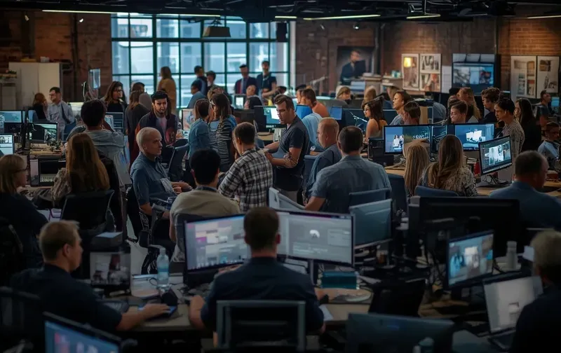 busy video editor, crowded timeline, late evening office