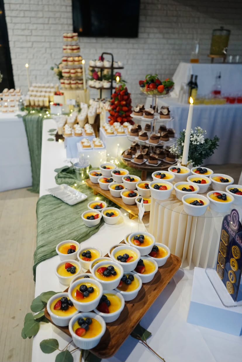 Dessert table with mini creme brulee – Sweet Bite Tulsa
