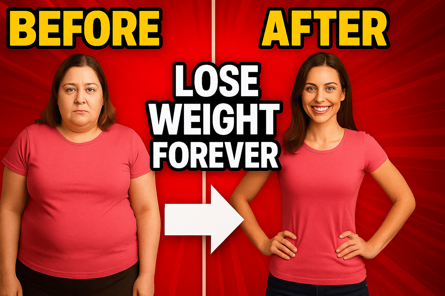 A weight loss transformation showing a "Before" and "After" comparison of a woman in a pink shirt with the headline "Lose Weight Forever."