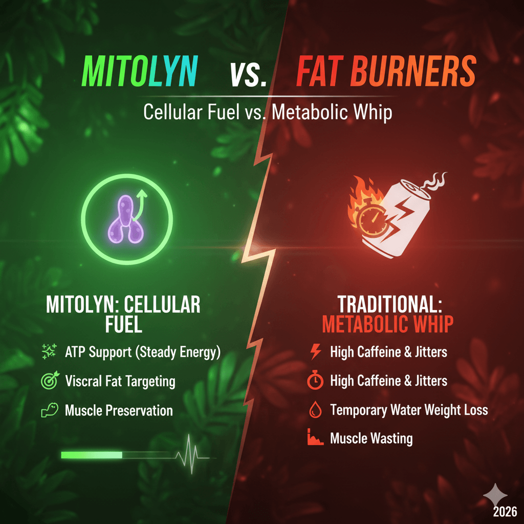 A comparison infographic titled 'Mitoly vs Fat Burners'. The green side lists Mitolyn's benefits as ATP support, visceral fat targeting, and muscle preservation. The red side lists traditional fat burners' drawbacks as high caffeine/jitters, temporary water weight loss, and muscle wasting.