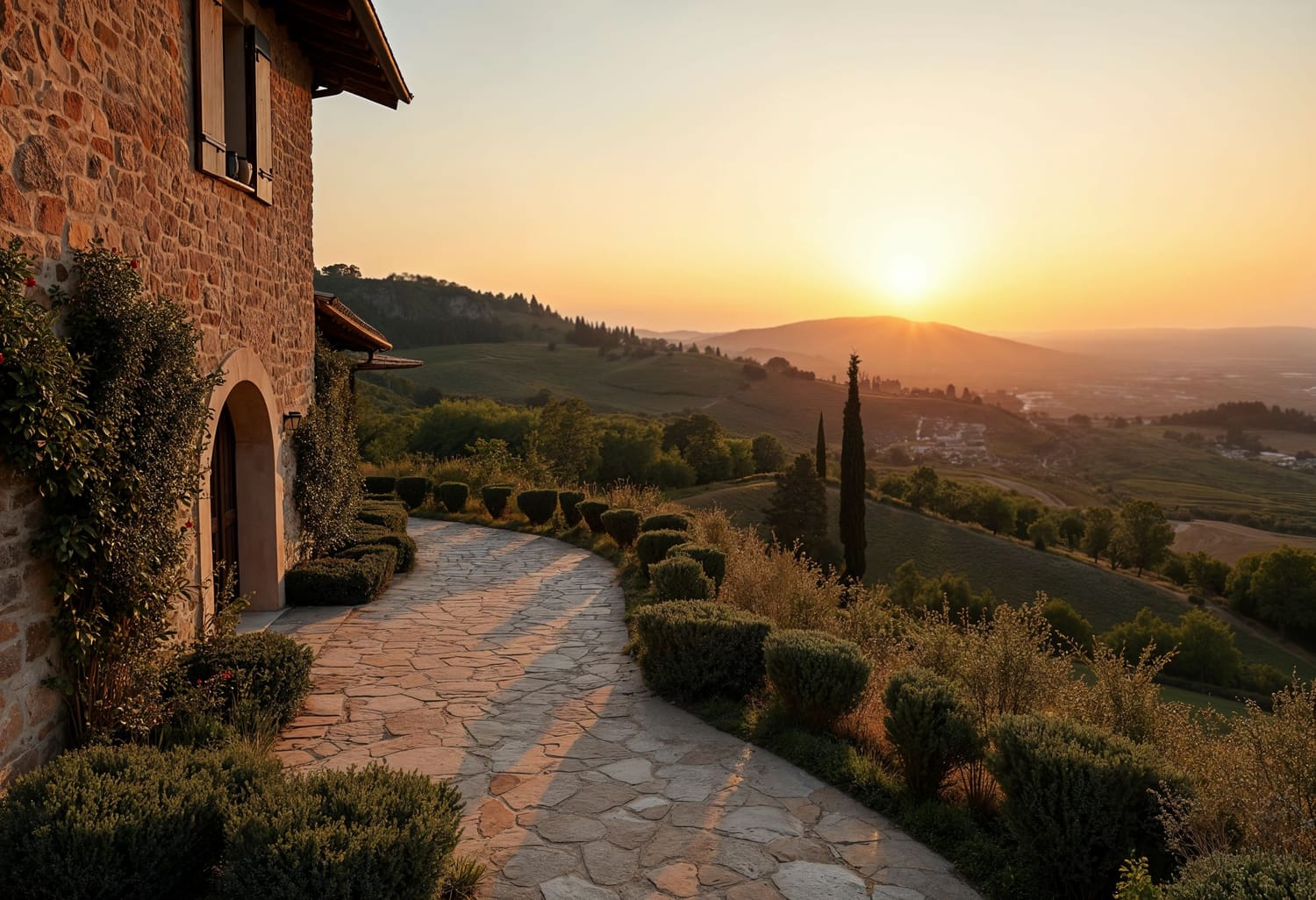 Afbeelding vakantiewoning Toscane cipressen ondergaande zon