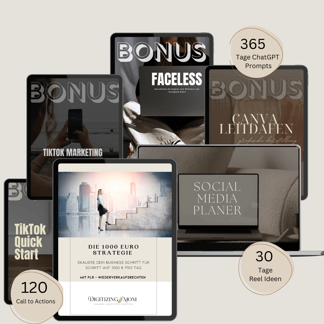 E-Book „Die 1000 Euro Strategie“ – Schritt-für-Schritt-Leitfaden für Einsteigerinnen im digitalen Marketing, mit PLR-Lizenz zum Weiterverkauf und Boni für dein erstes Online-Business