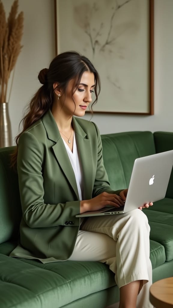 Cansu von Digitizing Mom – Online-Business Mentorin für Mamas, am Schreibtisch mit grünem Blazer, arbeitet an digitalen Produkten und Blogartikeln