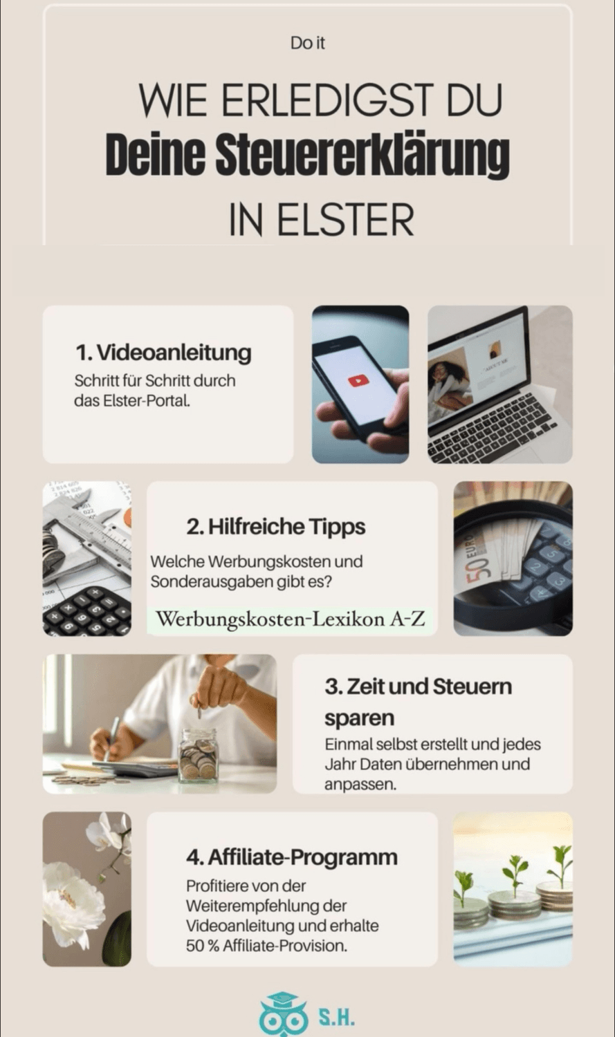 Titelbild des Online-Kurses zur Steuererklärung 2025 für digitales Marketing – Übersicht über Module zu Elster, Werbungskosten, Affiliate-Marketing und Krypto-Versteuerung