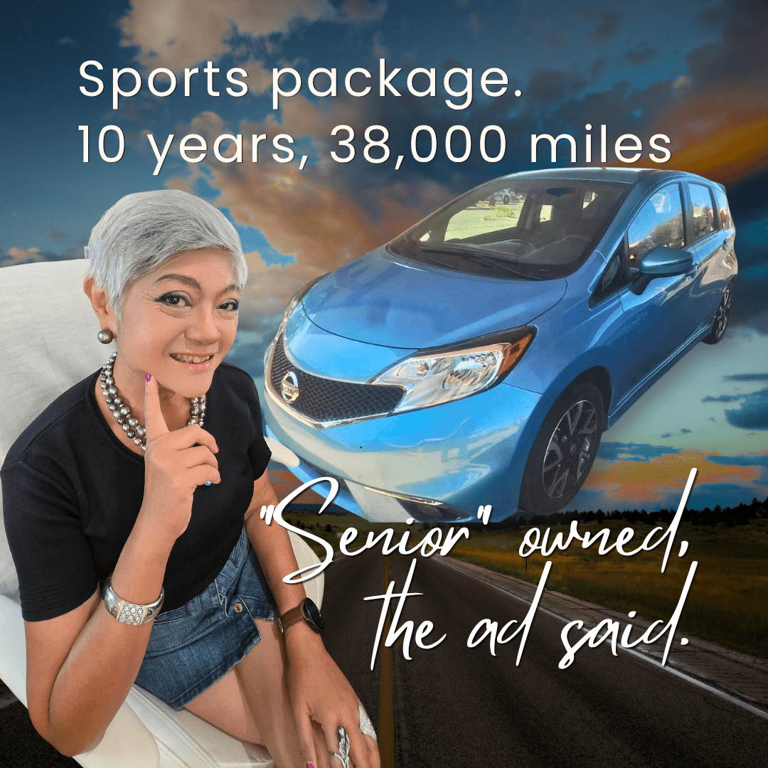 Blue Nissan Note with the words "Senior Owned, the Ad Said" beside the author's portrait, introducing a memoir about freedom, family, and saying goodbye to a beloved car.