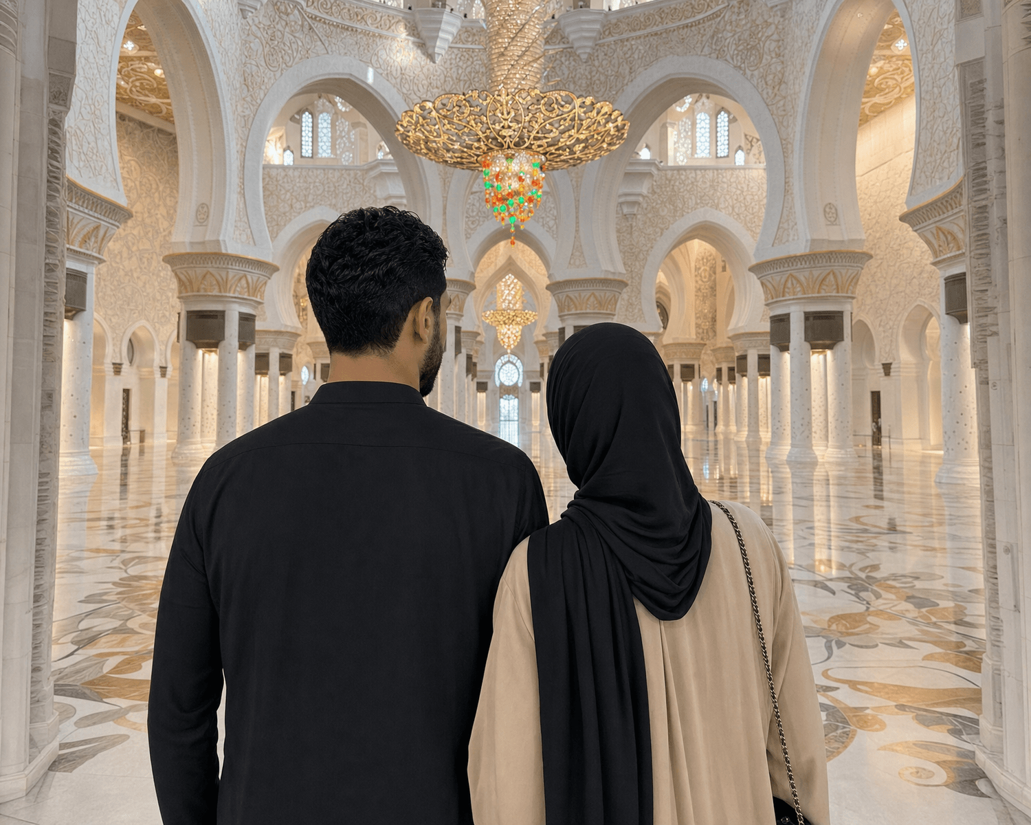 Couple assis dans une mosquée, regardant ensemble vers l'horizon